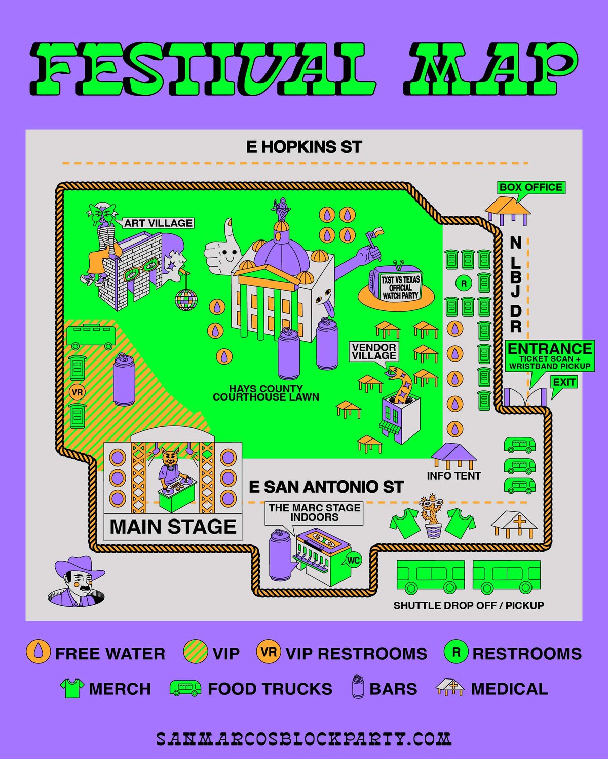 San Marcos Block Party festival map — Hays County Courthouse Lawn, Main Stage, The Marc Stage, Art Village, Vendor Village, entrance, bars, food trucks, water, restrooms, medical, and shuttle drop-off