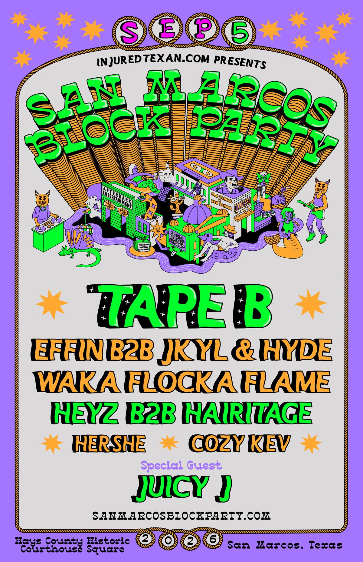 San Marcos Block Party 2026 poster — a psychedelic illustrated downtown San Marcos scene
