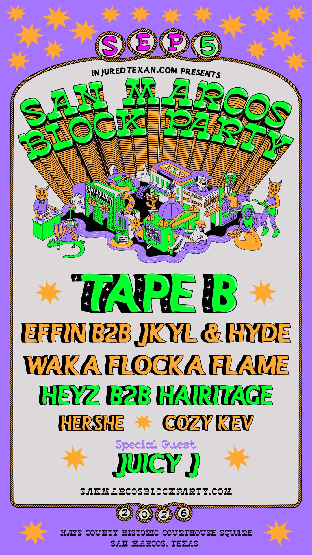 San Marcos Block Party 2026 lineup — Tape B, Juicy J, Effin b2b Jkyl & Hyde, Waka Flocka Flame, Heyz b2b Hairitage, Hershe, Cozy Kev + more. Sept 5, Hays County Historic Courthouse Square, San Marcos, Texas.