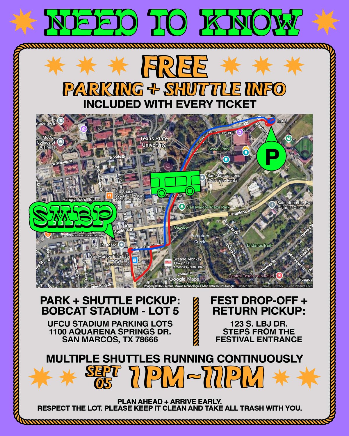 Free parking and shuttle map — park at Bobcat Stadium Lot 5, shuttle to San Marcos Block Party, fest drop-off at 123 S. LBJ Dr, running 1PM–11PM Sept 5